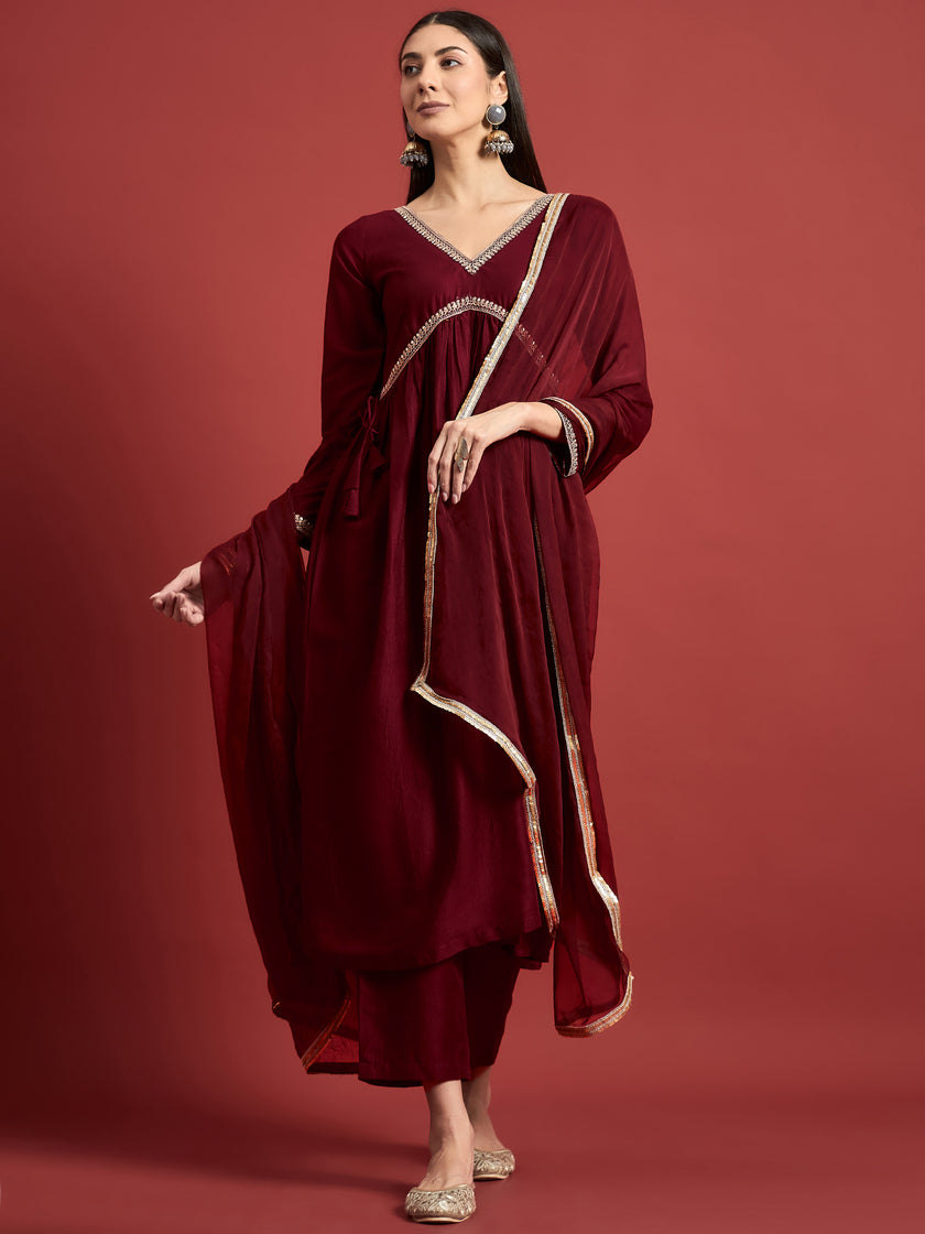 Maroon  Art Silk Embroideried Anarkali Kurta  Trouser