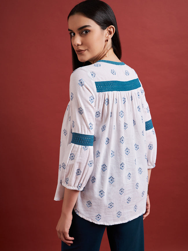 White Pure Cotton Embroidered Tie-Ups Puff Sleeves Indigo Tops