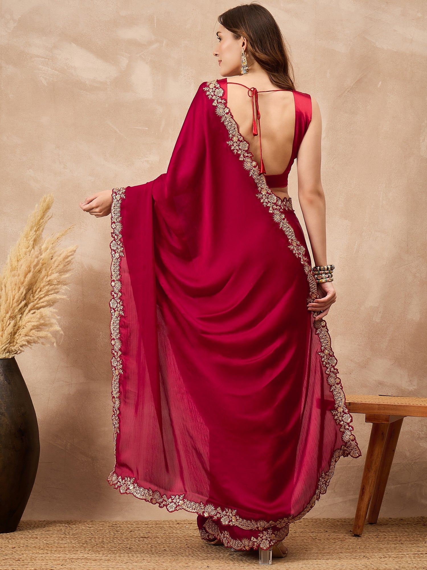 Red Satin Solid with Embroidered Cut Work Border Saree with Unstitched Blouse
