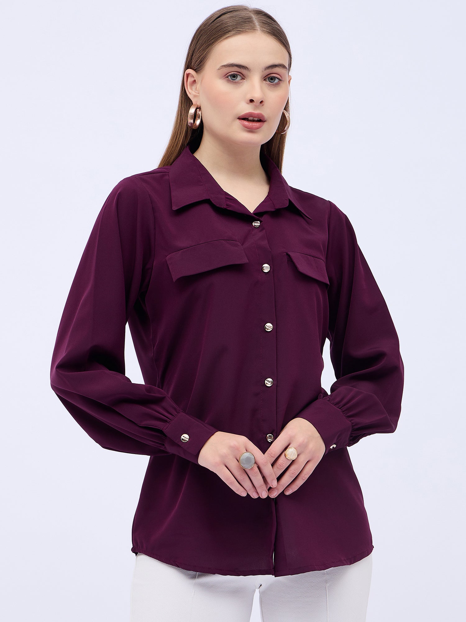 Maroon Satin Solid NA Regular Sleeves New Basics  Tops