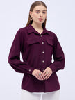 Maroon Satin Solid NA Regular Sleeves New Basics  Tops