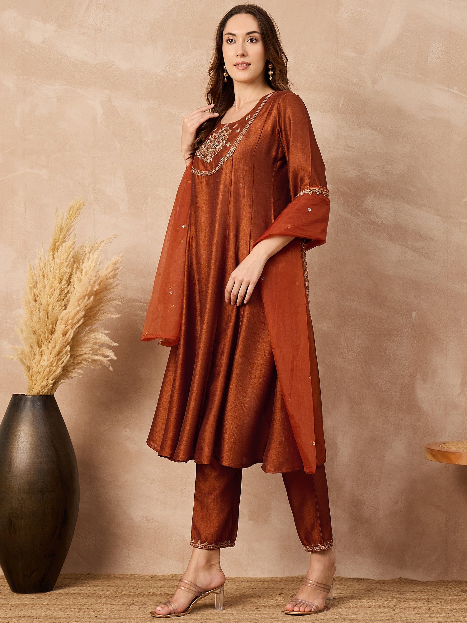 Rust  Silk Blend Embroideried A-Line Kurta Trouser