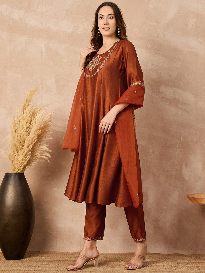 Rust  Silk Blend Embroideried A-Line Kurta Trouser
