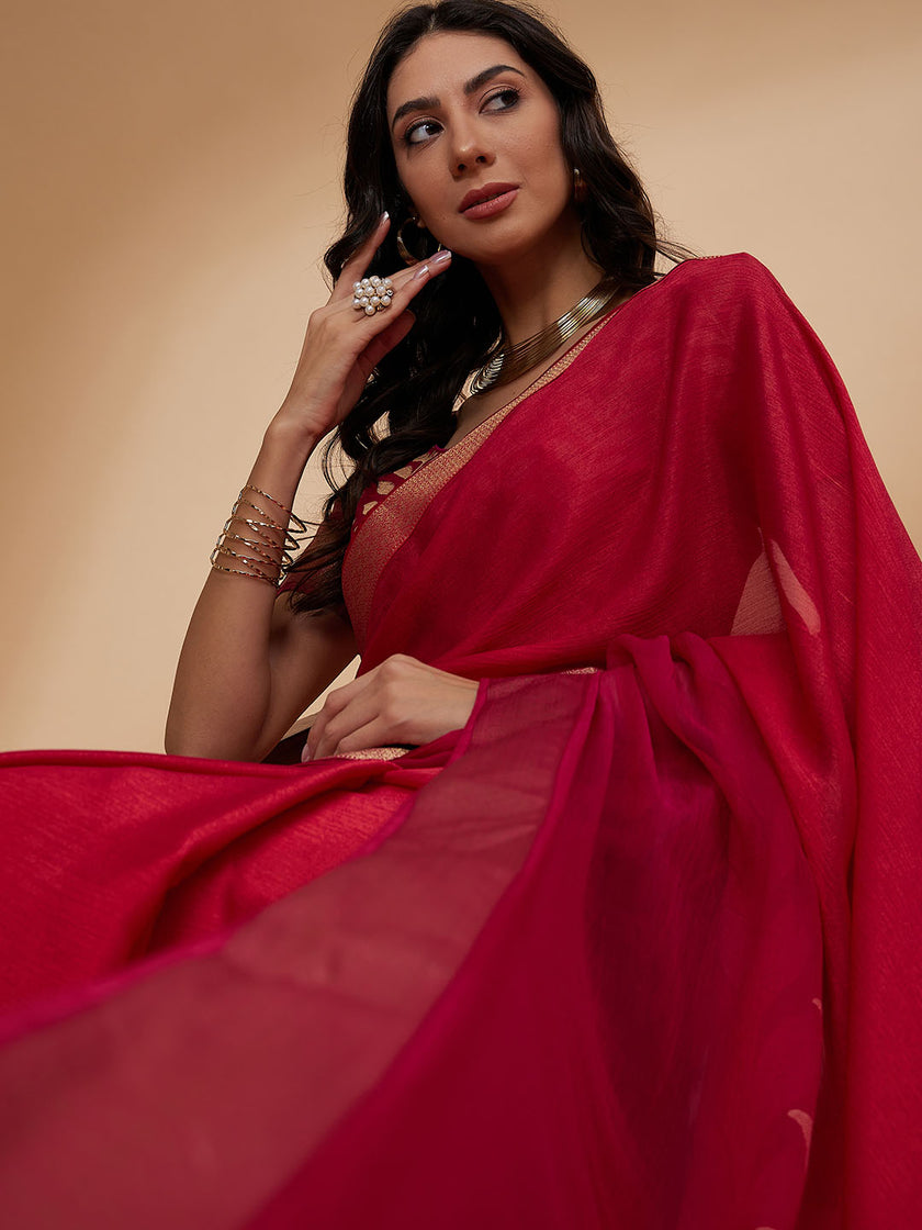 Pink Pure Chiffon Printed With Readymade Lace Saree with Unstitched Fancy Blouse