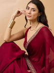 Maroon Satin Solid with Embroidered Lace Saree with Unstitched Fancy Blouse