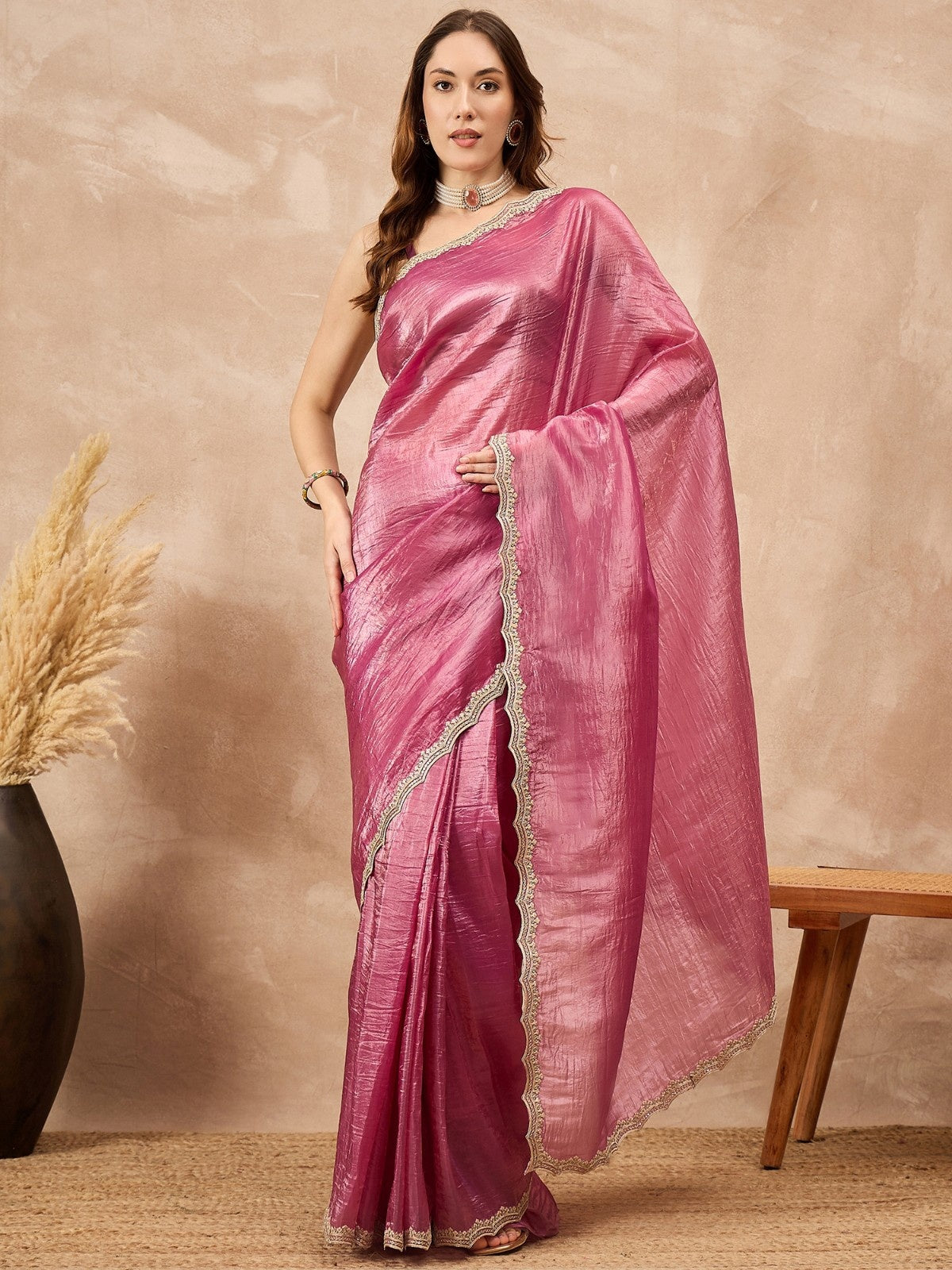 Pink  Poly Chiffon Solid with Embellished Cut Work Border Saree with Unstitched Blouse