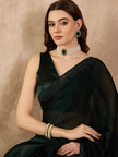 Green Georgette Solid With Stone Work Border Saree with Unstitched Fancy Blouse