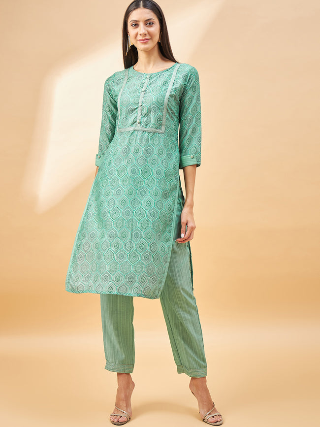 Sea Green Cotton Blend Printed Straight Kurta Trouser