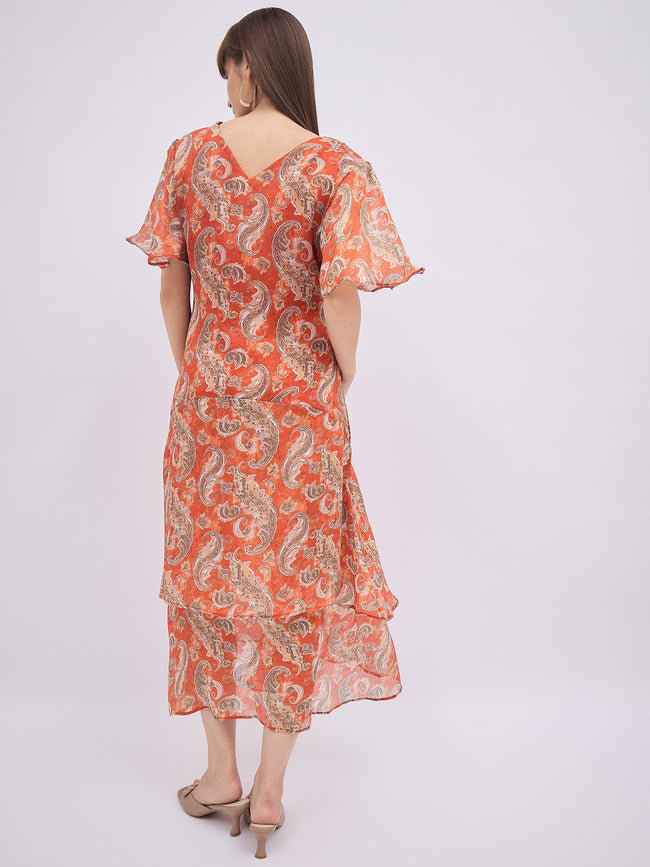 Multi BLENDED Printed Flared Sleeves Paisley Dress