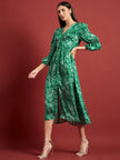 Green Polyester Printed Puff Sleeves Floral Dress