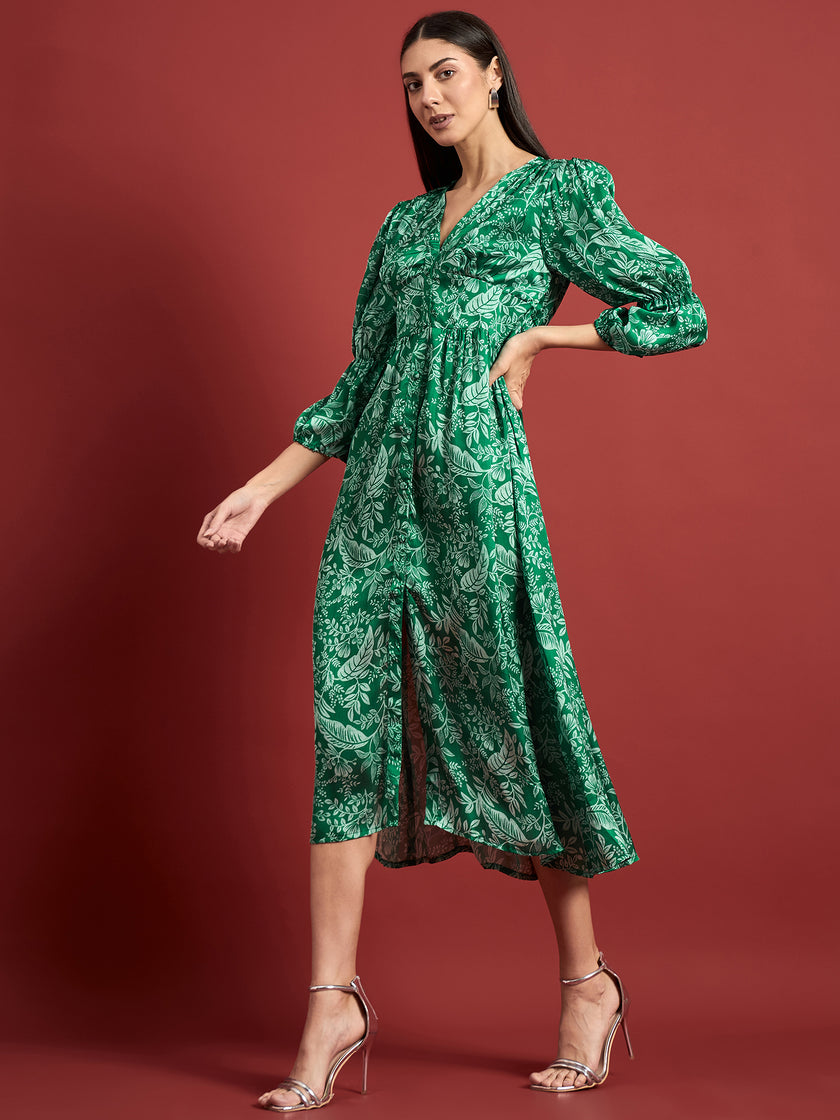 Green Polyester Printed Puff Sleeves Floral Dress