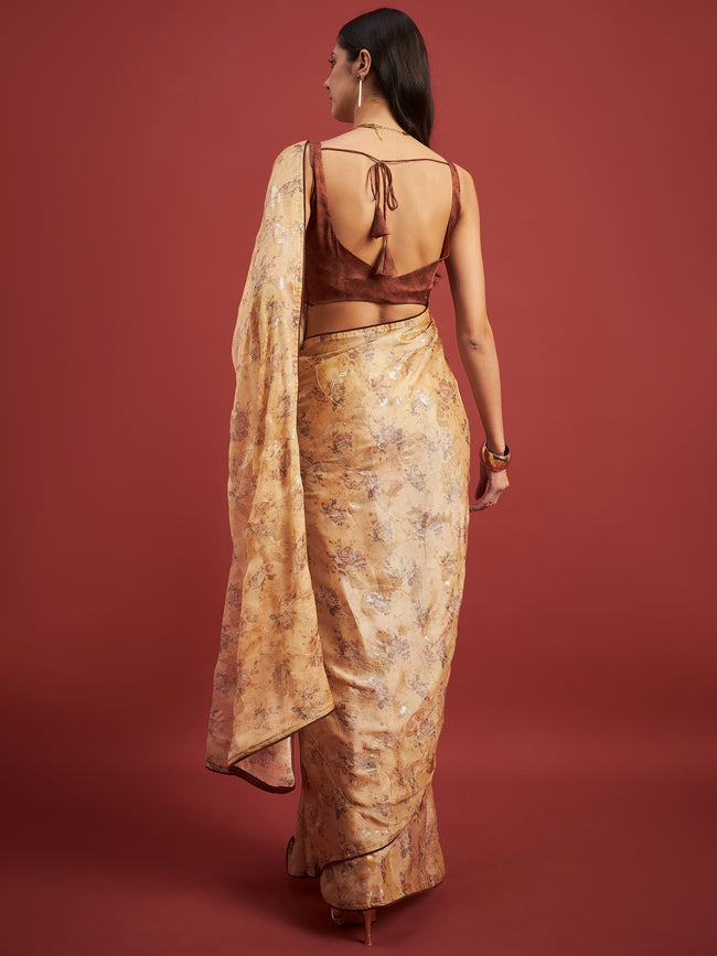 Rust Brasso Digital Floral Print With Embellished Lace Saree with Unstitched Fancy Blouse