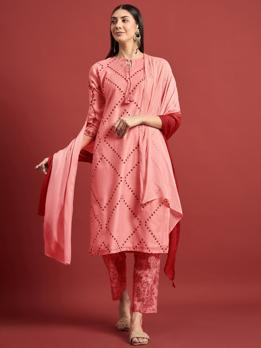 Peach  Silk Blend Printed A-Line Kurta  Trouser