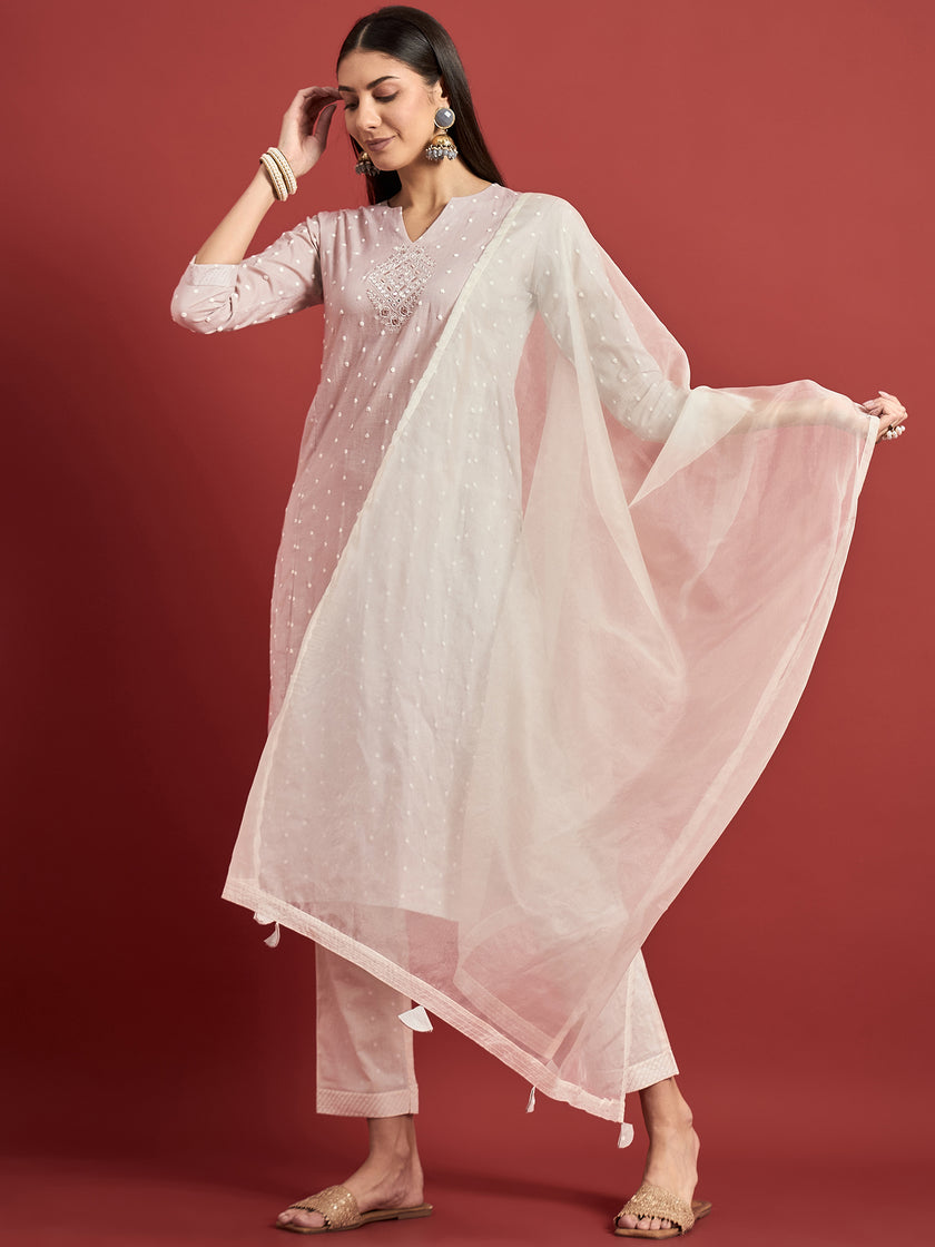 Grey  Cotton Blend Printed A-Line Kurta  Trouser