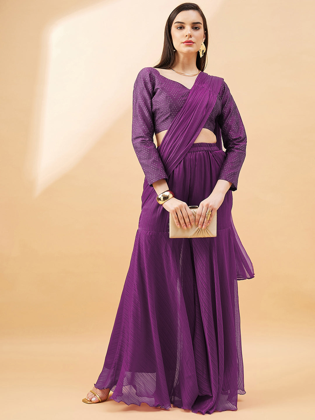 Maroon Chiffon Ready to Wear Palazzo  Saree with Unstitched Fancy Blouse