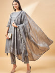 Grey Pure Cotton Solid A-Line Kurta Trouser  With Dupatta