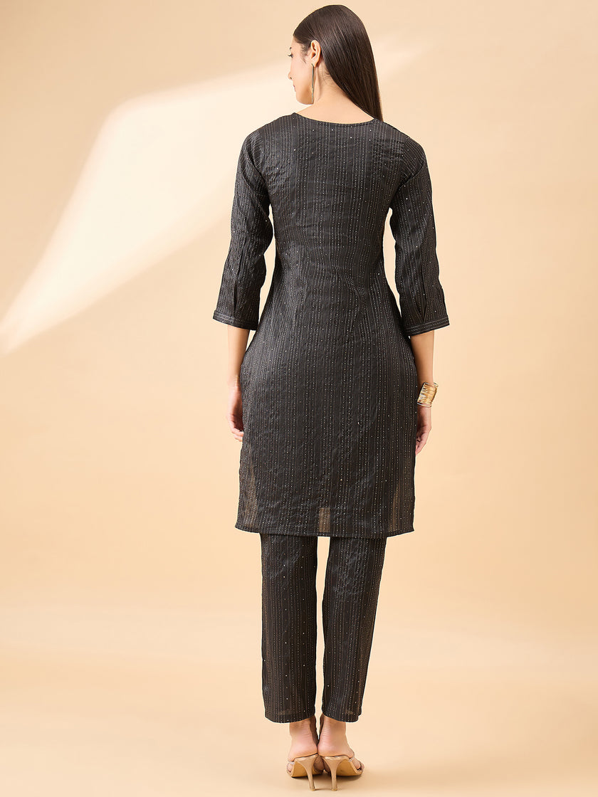 Black  Silk Blend Embroideried A-Line Kurta  Trouser