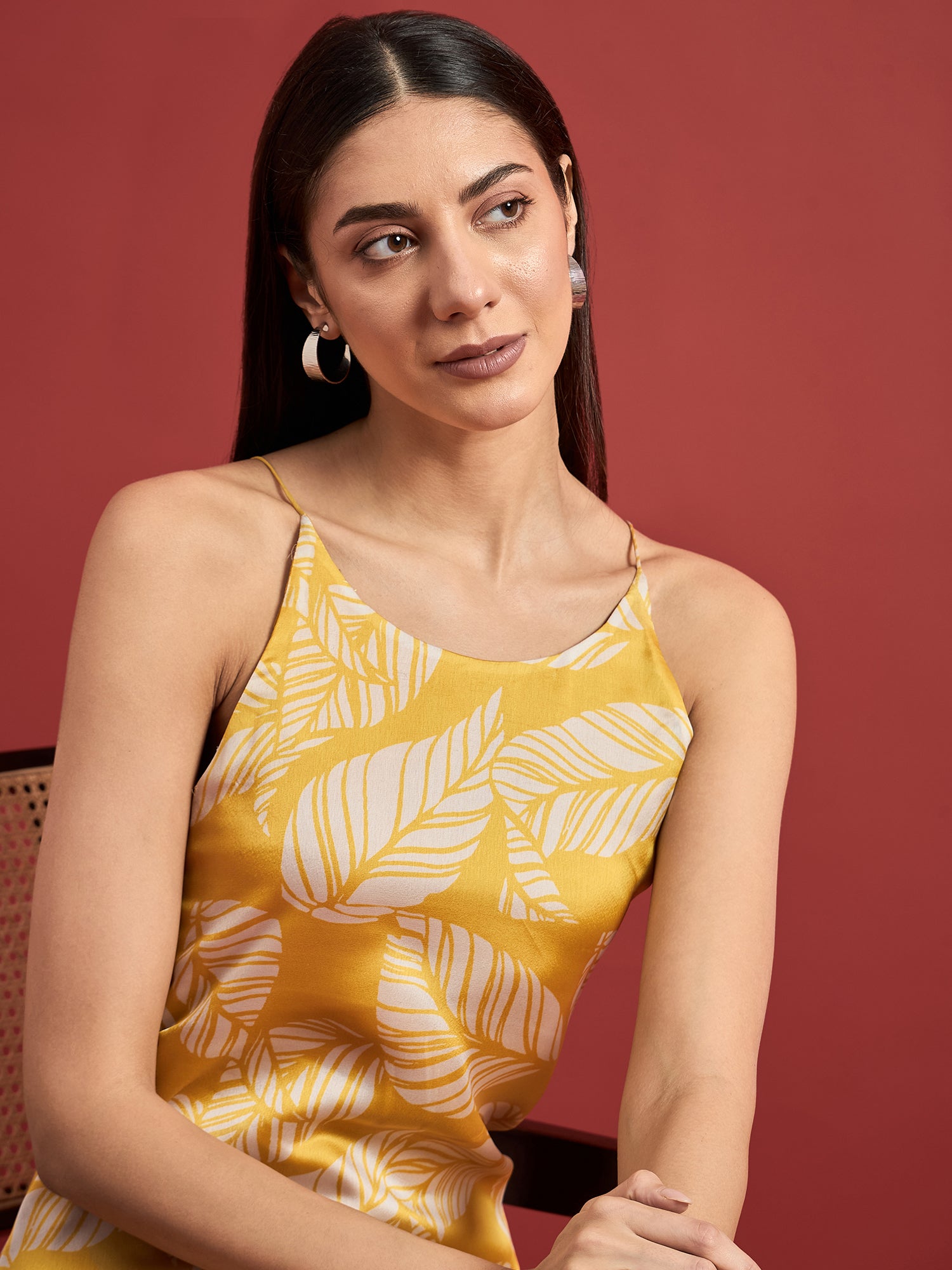 Mustard Polyester Printed No Sleeves Floral Dress