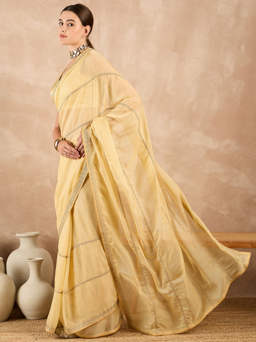Yellow Organza Embroidery With Embroidered Lace Saree with Unstitched Fancy Blouse