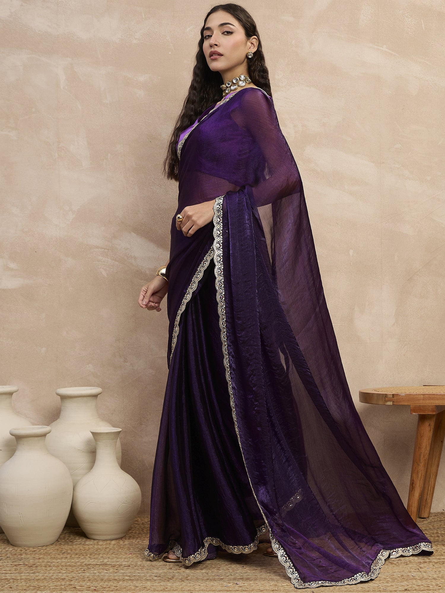 Purple Satin Solid With Embellished Lace Saree with Unstitched Blouse