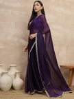Purple Satin Solid With Embellished Lace Saree with Unstitched Blouse