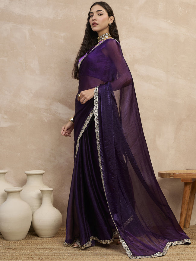 Purple Satin Solid With Embellished Lace Saree with Unstitched Blouse