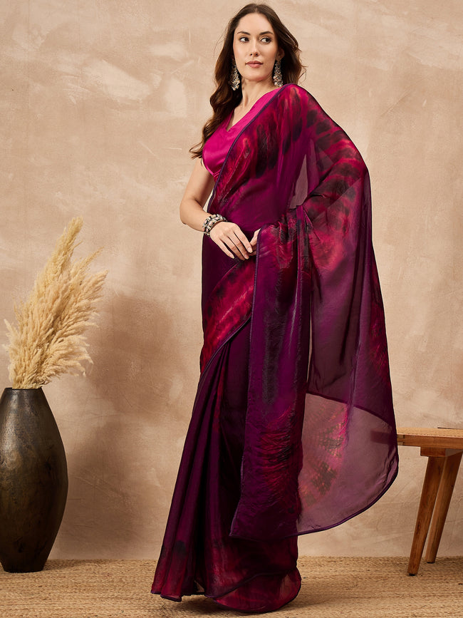 Red Satin Tie & Die Saree with Unstitched Blouse