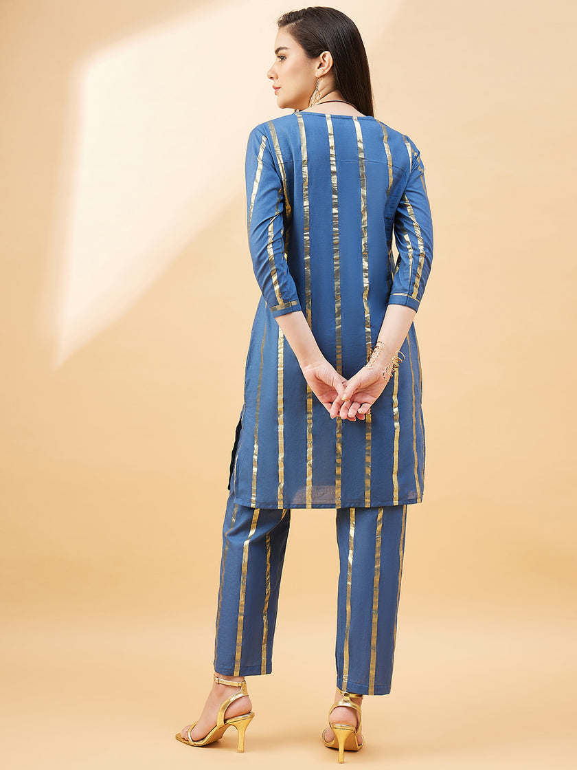 Blue  Cotton Blend Solid A-Line Kurta  Trouser