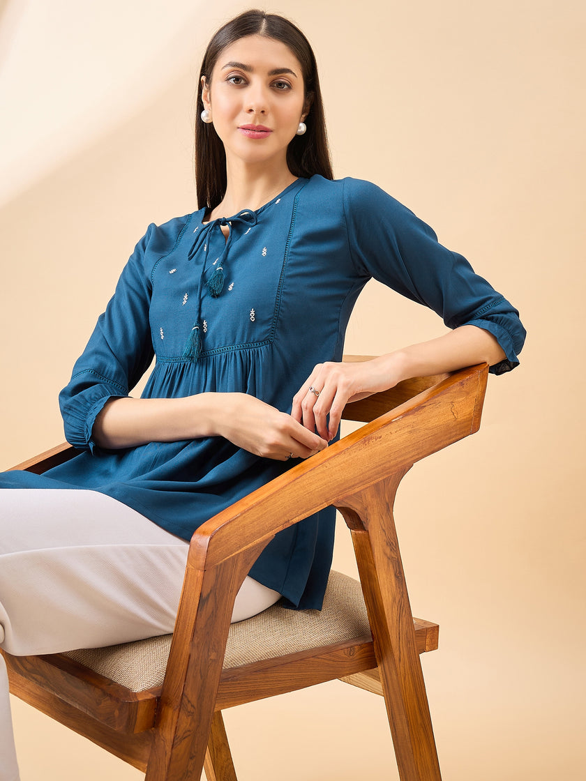 Blue Cotton Blend Embroidered Tie-Ups Regular Sleeves Schiffli Tops