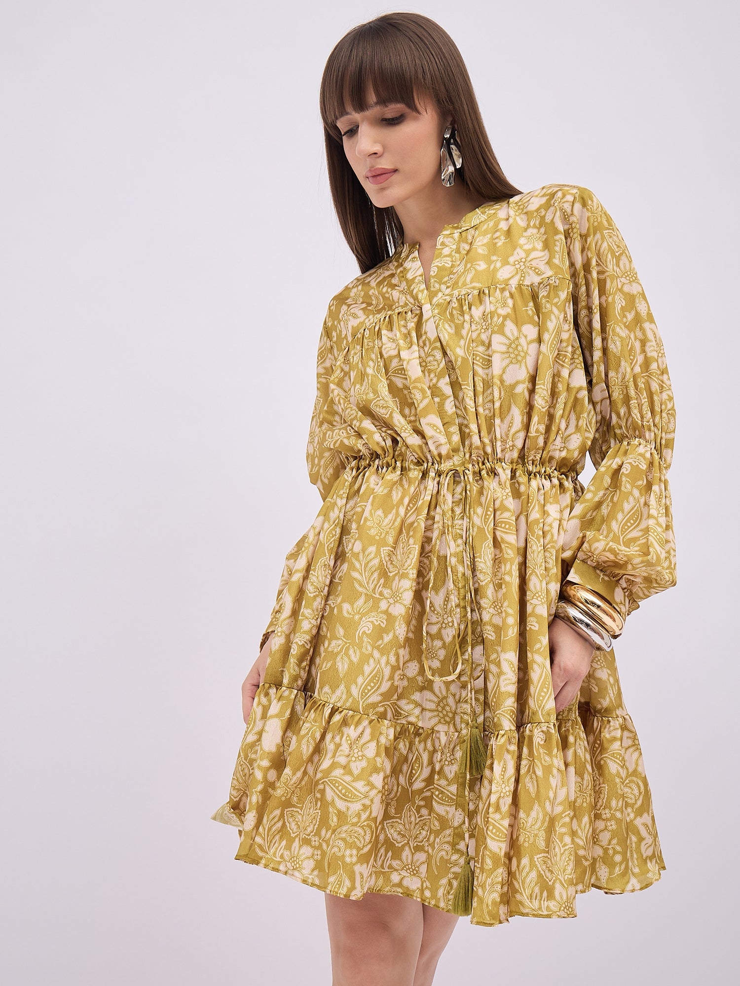 Multi Polyester Printed Ballon Sleeves Floral Dress