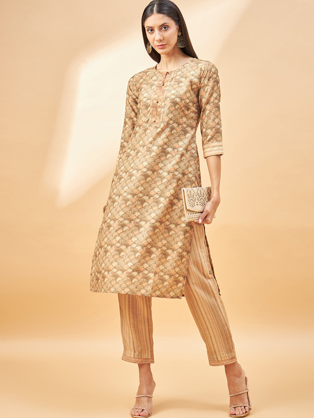 Beige Cotton Blend Printed Straight Kurta Trouser