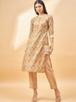 Beige Cotton Blend Printed Straight Kurta Trouser