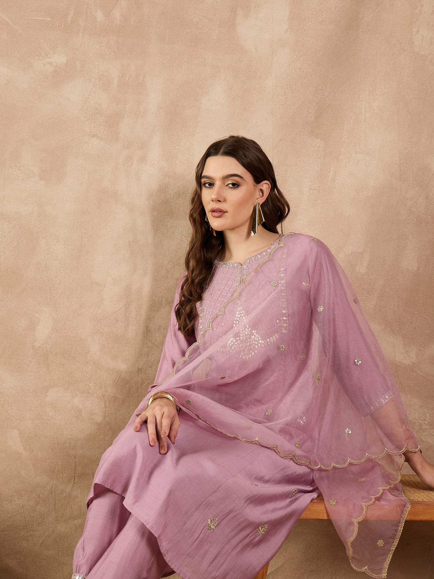 Mauve  Chanderi Silk Embroideried A-Line Kurta Trouser