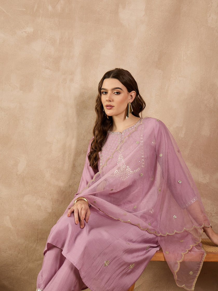 Mauve  Chanderi Silk Embroideried A-Line Kurta Trouser