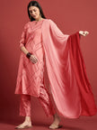 Peach  Silk Blend Printed A-Line Kurta  Trouser