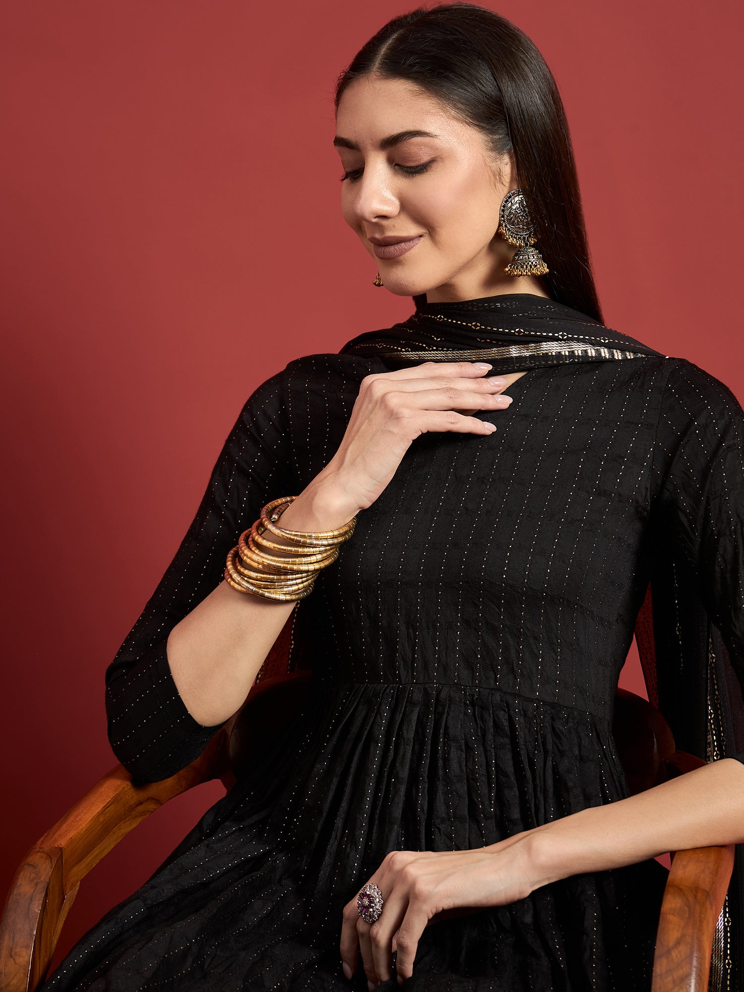 Black  Silk Blend Printed A-Line Kurta  Trouser