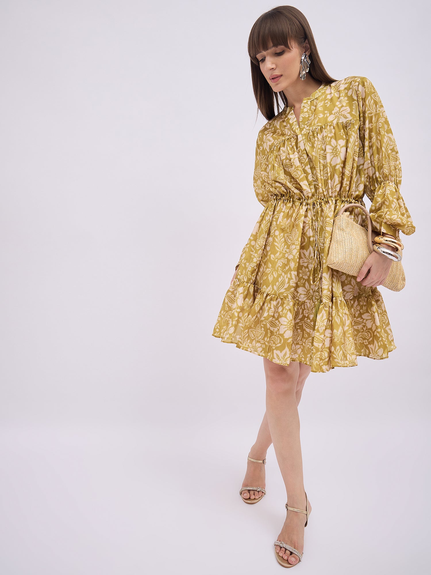 Multi Polyester Printed Ballon Sleeves Floral Dress