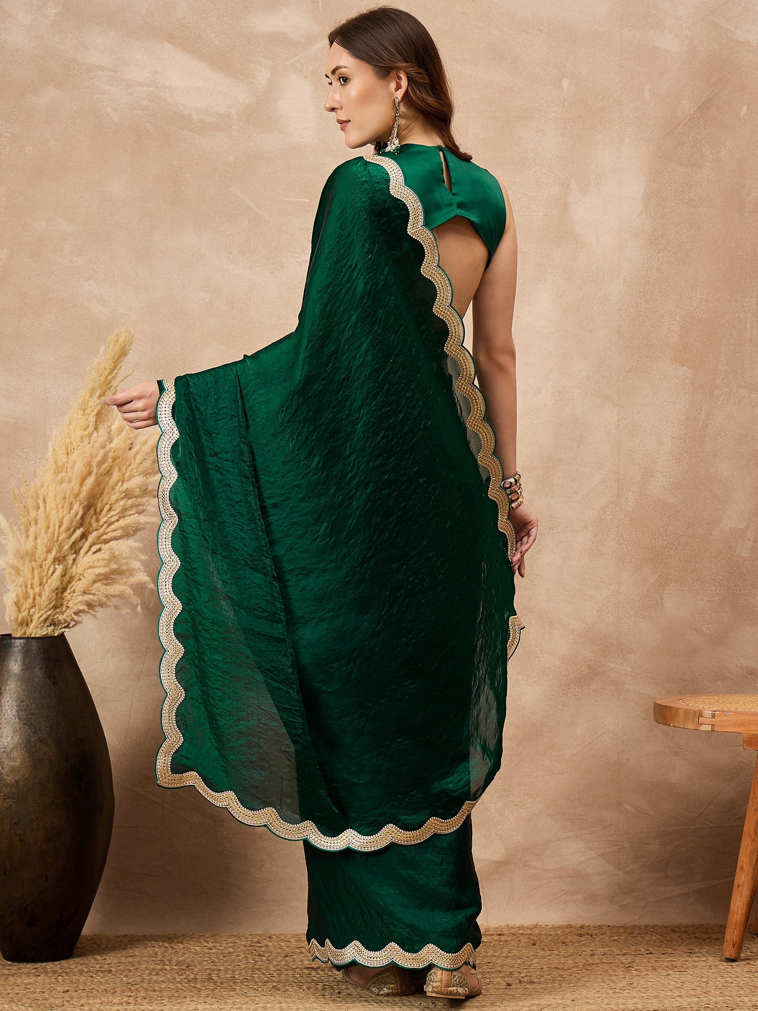 Green Organza Solid with Gota Lace Saree with Unstitched Blouse