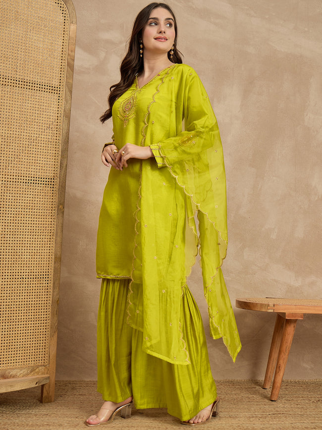 Yellow  Silk Blend Embroideried Straight Kurta Sharara