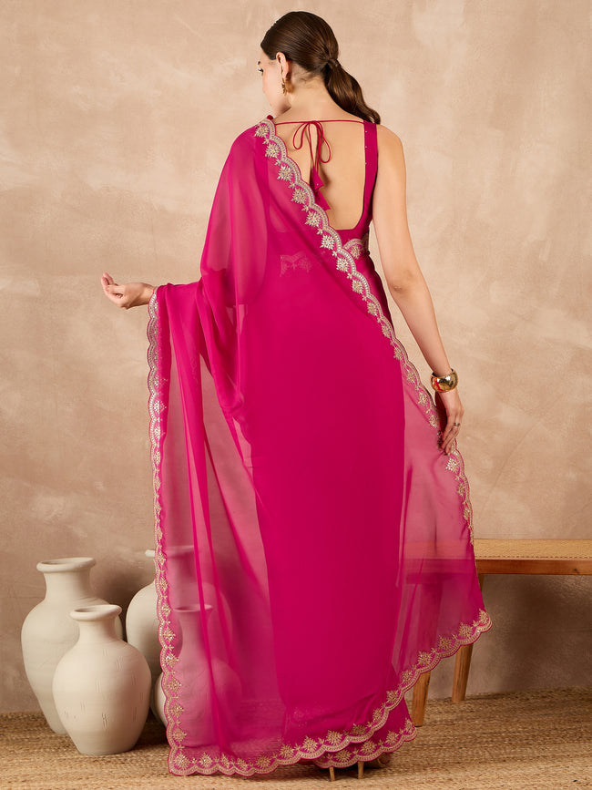 Rose Organza Solid With Embroidered Border Saree with Unstitched Fancy Blouse