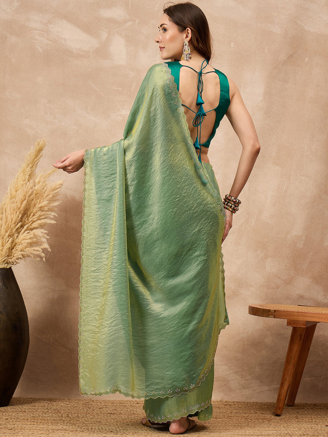 Pista Satin Solid With Stone Work Border Saree with Unstitched Blouse