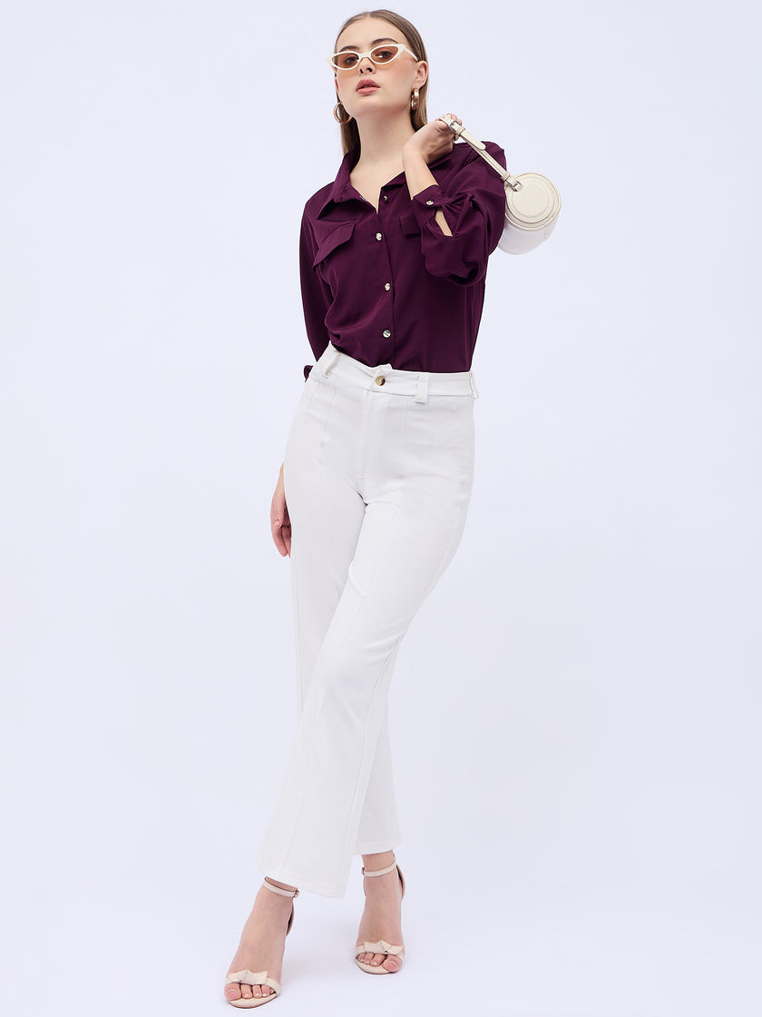 Maroon Satin Solid NA Regular Sleeves New Basics  Tops