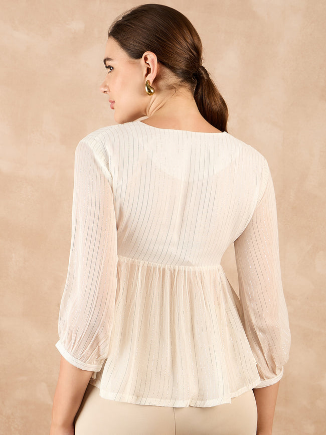 Off White Synthetic Georgette Embroidered Gathered or Pleated Regular Sleeves Ethnic Print Tops