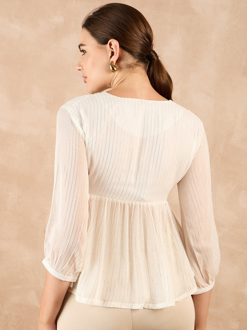 Off White Synthetic Georgette Embroidered Gathered or Pleated Regular Sleeves Ethnic Print Tops