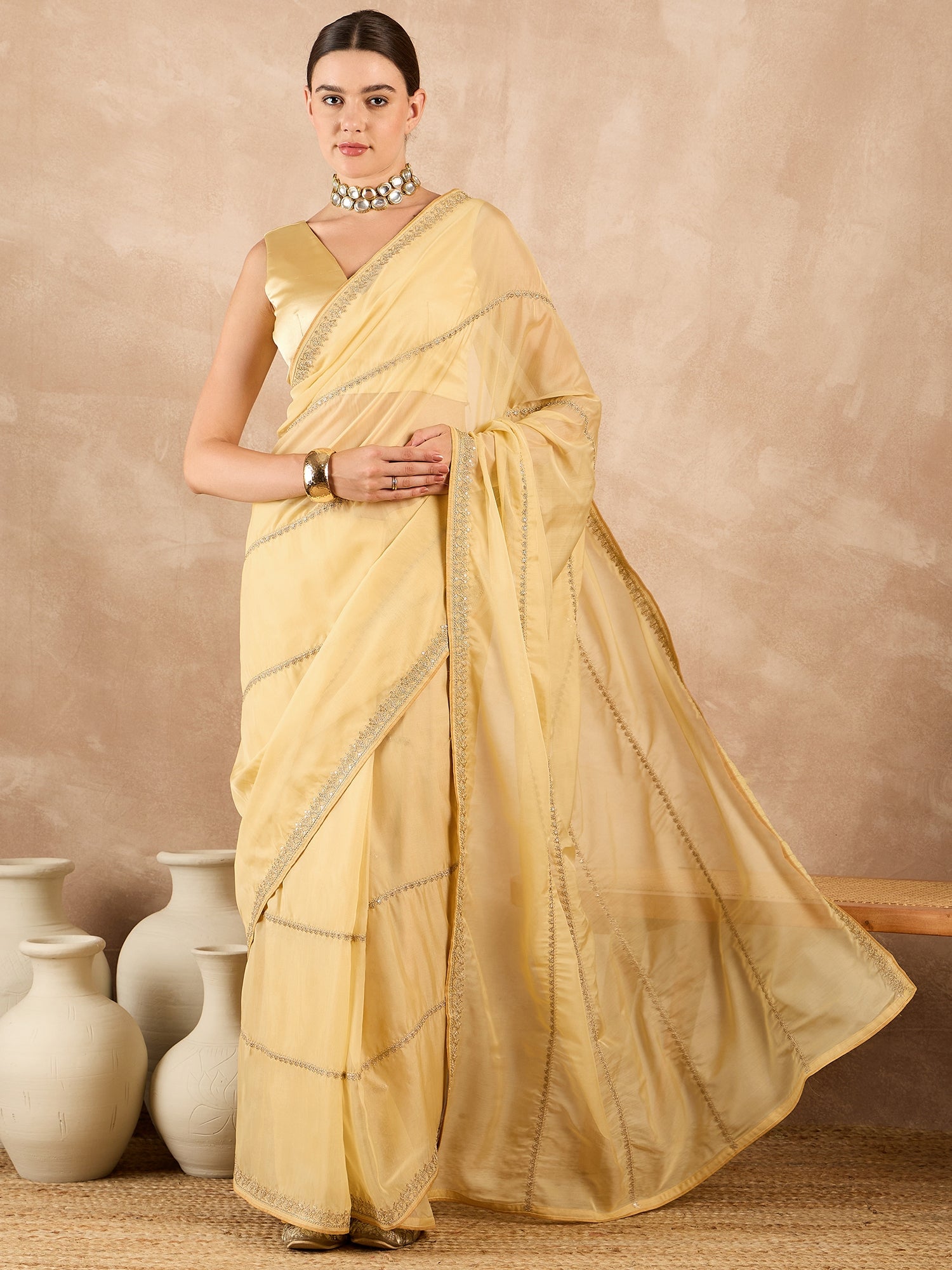 Yellow Organza Embroidery With Embroidered Lace Saree with Unstitched Fancy Blouse