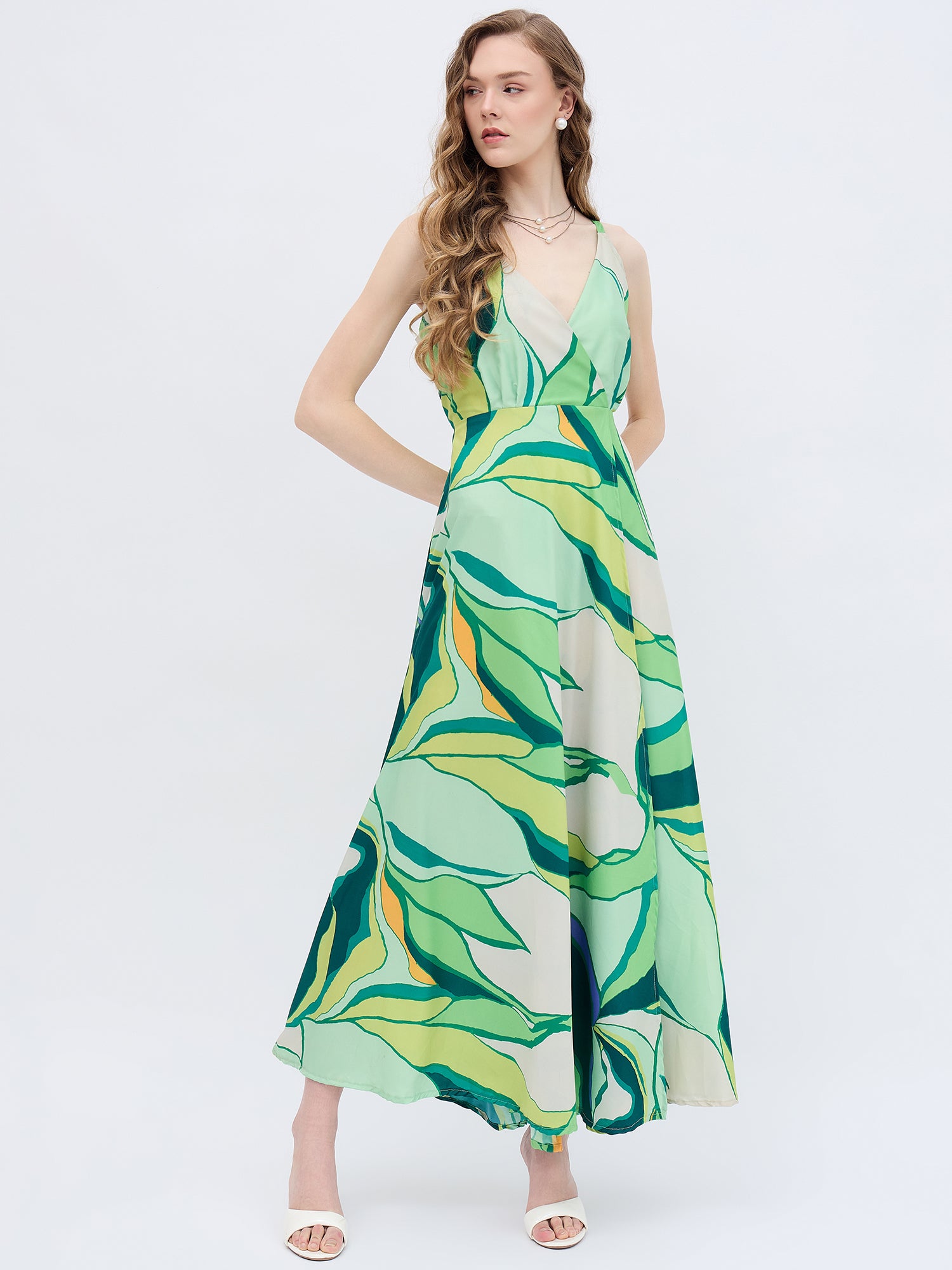Multi Polyester Printed No Sleeves Abstract Dress