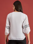 White Polycotton Embroidered Tie-Ups Puff Sleeves Floral Print Tops