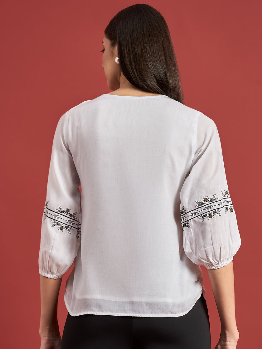 White Polycotton Embroidered Tie-Ups Puff Sleeves Floral Print Tops