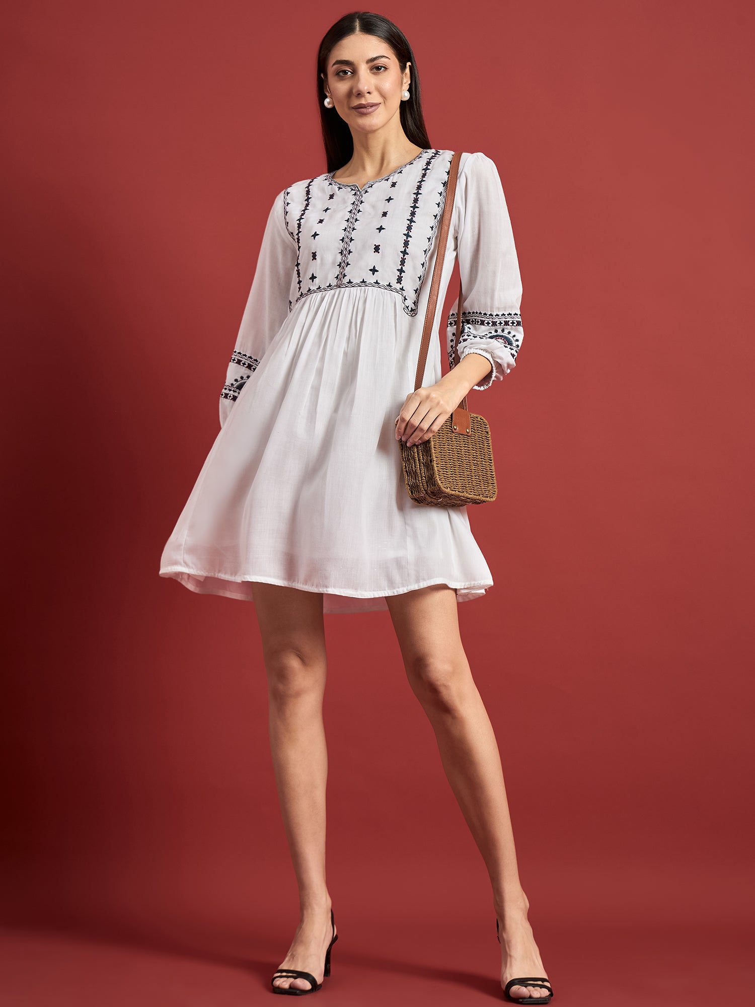 White Cotton Embroidered Puff Sleeves Floral Dress