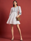 White Cotton Embroidered Puff Sleeves Floral Dress